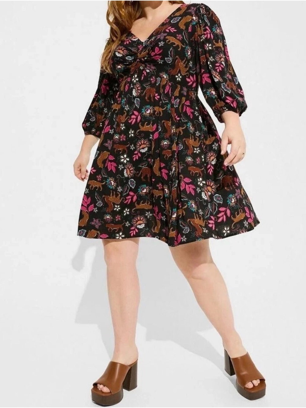 Torrid Leopard Floral Twist Front Mini Dress 2X 18-20 Boho Festival Pockets